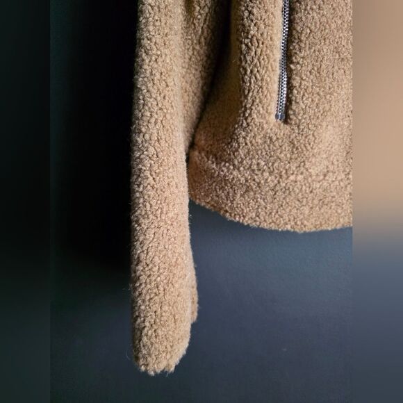 Zara FAUX FUR Sherpa BIKER JACKET TEDDY CAMEL Tan Crop Sz L Moto - Picture 5 of 12